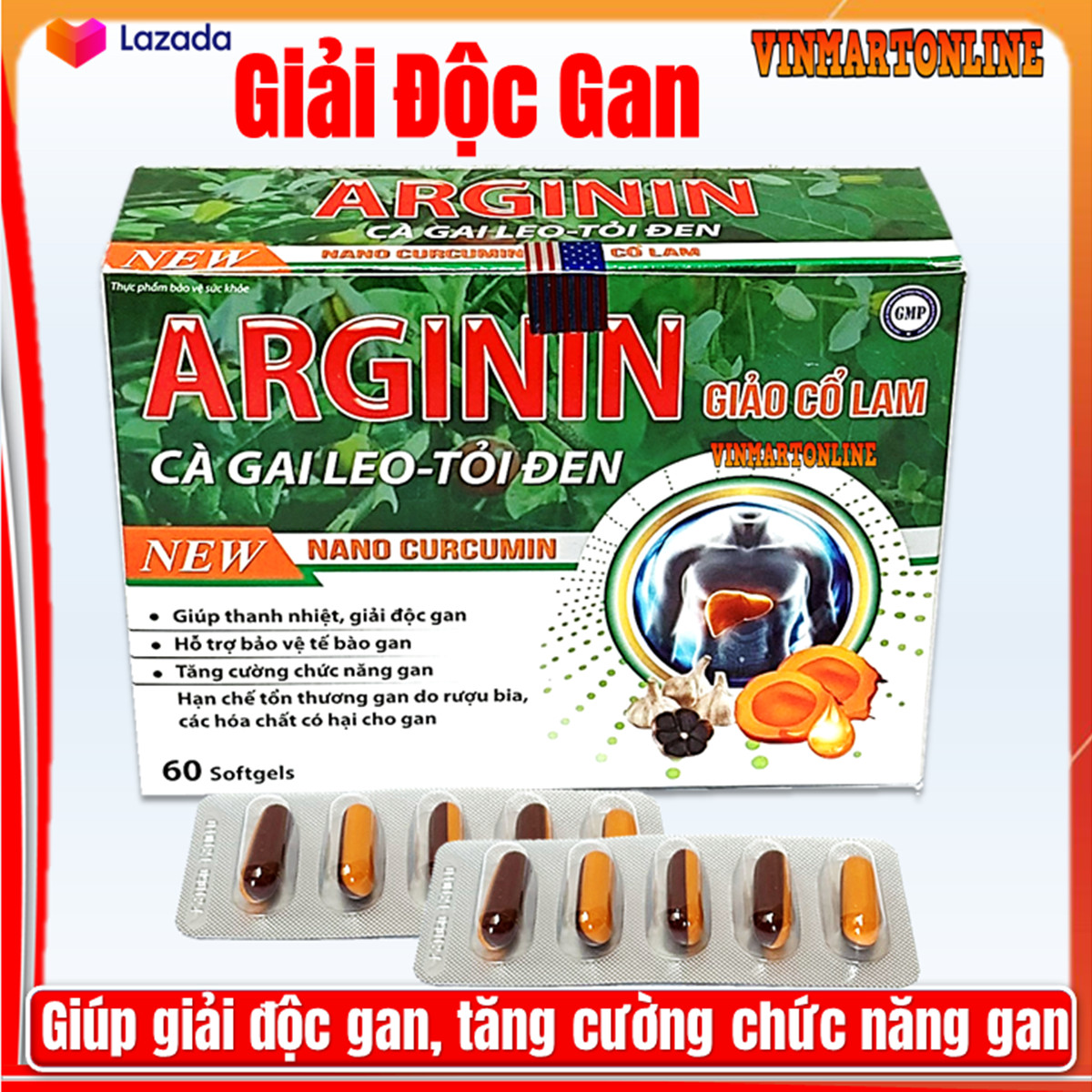 Viên Uống Giải Độc Gan Arginin Giảo Cổ Lam, Cà Gai Leo Tỏi Đen- Giúp Thanh Nhiệt , Mát Gan, Giải Độc Gan Hiệu Quả- Hộp 60 viên
