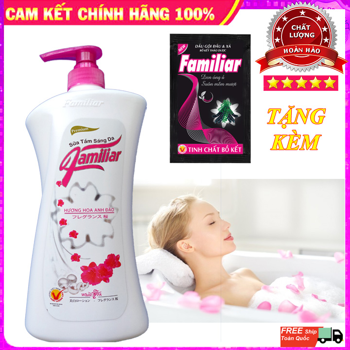 Sữa Tắm Familiar - Sữa Tắm Sáng Da Familiar Hương Hoa Anh Đào 1100ml [TẶNG NGAY] 1 Dây Dầu Gội Bồ Kết Familiar 12 Gói 5ml