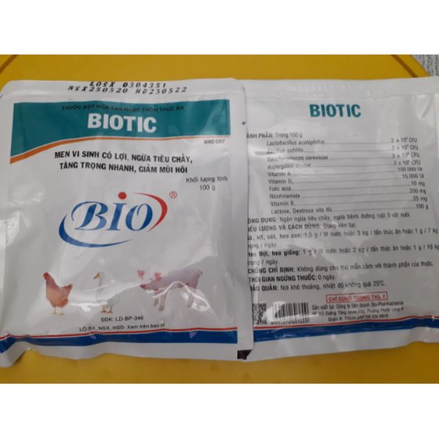 Biotic 100g. men tiêu hóa gà, vịt, heo, chó, mèo, dúi,..