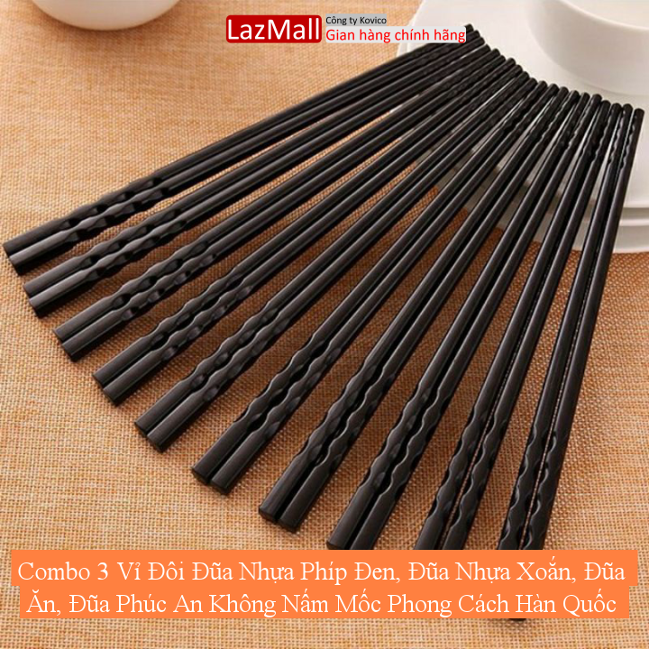 Combo 3 vỉ đôi đũa nhựa phíp đen, đũa nhựa xoắn, đũa ăn, đũa phúc an không nấm mốc phong cách hàn quốc