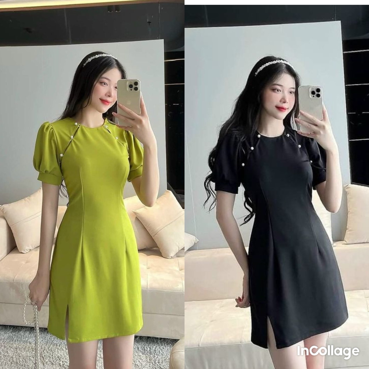 Váy đầm sườn xám cách tân tay phồng cổ tròn dễ thương