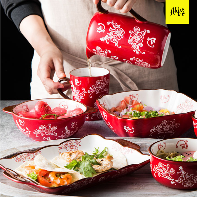 Bát đĩa, bát đĩa decor hoa trắng nền đỏ - phụ kiện bàn ăn – bán lẻ theo món