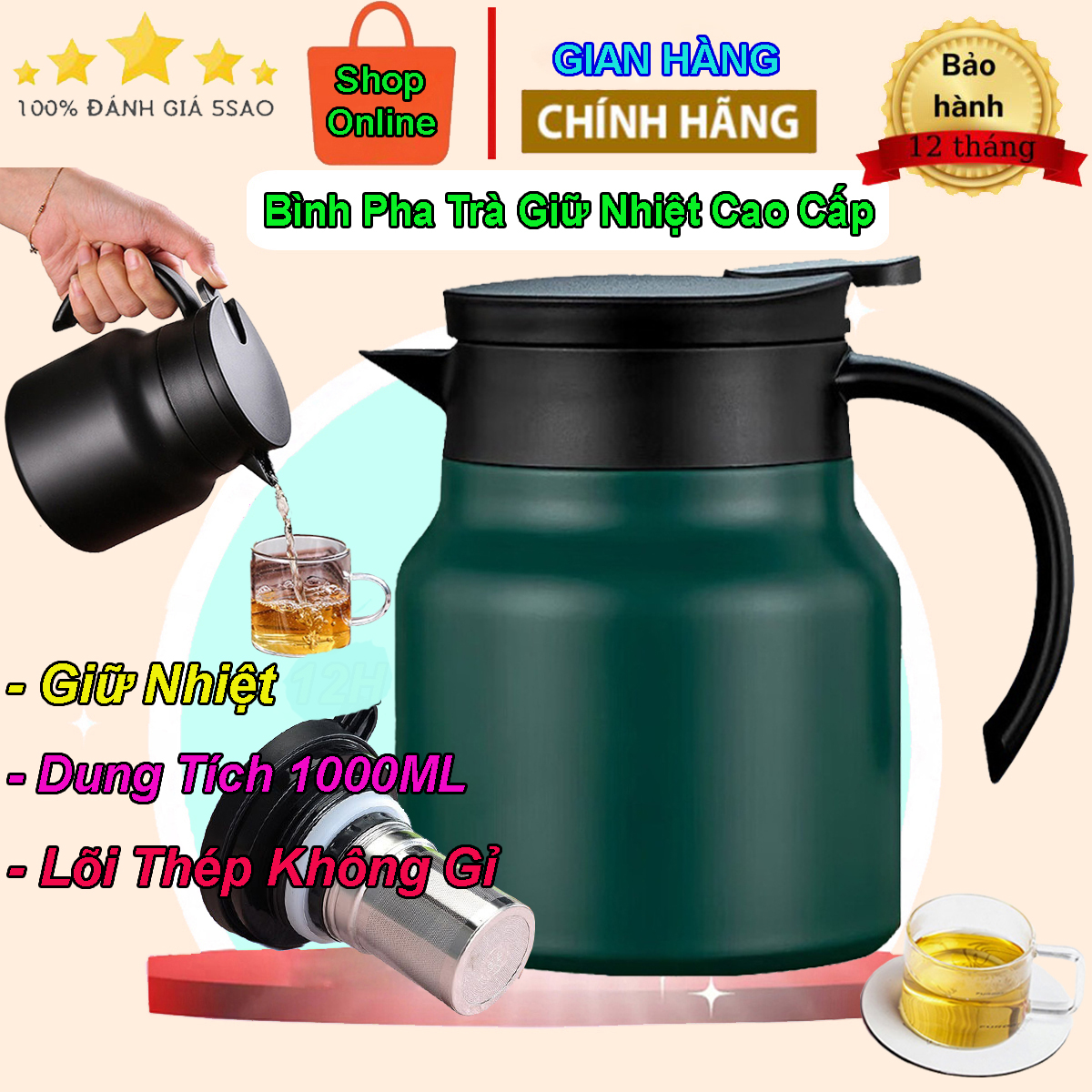Ấm pha trà giữ nhiệt, ấm pha trà giữ nhiệt có lõi lọc, dung tích 1 lít, chất liệu inox 316 cao cấp, an toàn cho sức khỏe, giữ nhiệt liên tục đến 12h, bình pha trà giữ nhiệt, ấm pha trà, ấm pha trà inox 304, ấm giữ nhiệt