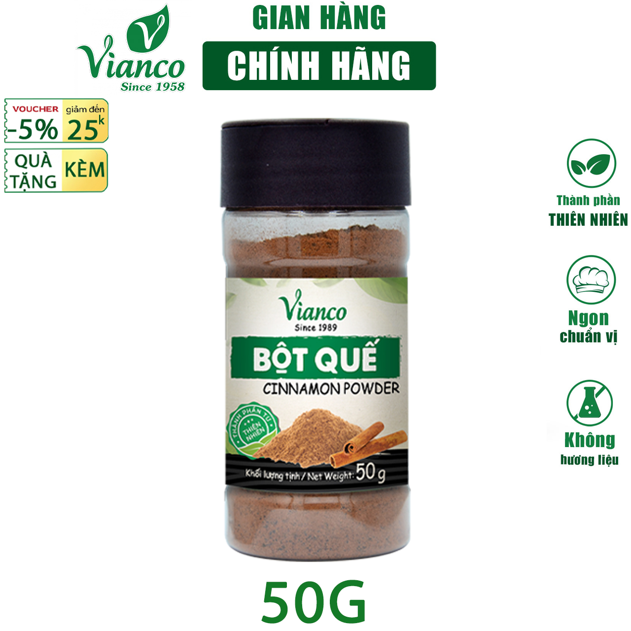 Bột Quế Vianco hủ 50g làm bánh làm trà gia vị tự nhiên nguyên chất 100% không chất bảo quản tốt cho sức khỏe - Gia vị Việt Ấn