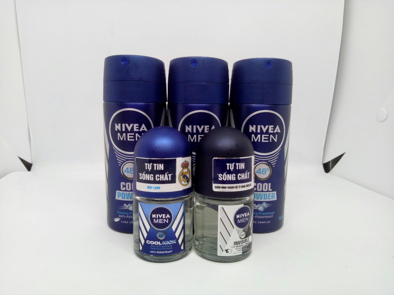 Combo trọn bộ 7 món : 03 chai xịt khử mùi Nivea 50ml + 2 chai lăn khử mùi Nivea nam 12ml + Tặng 2 cây dao cạo râu