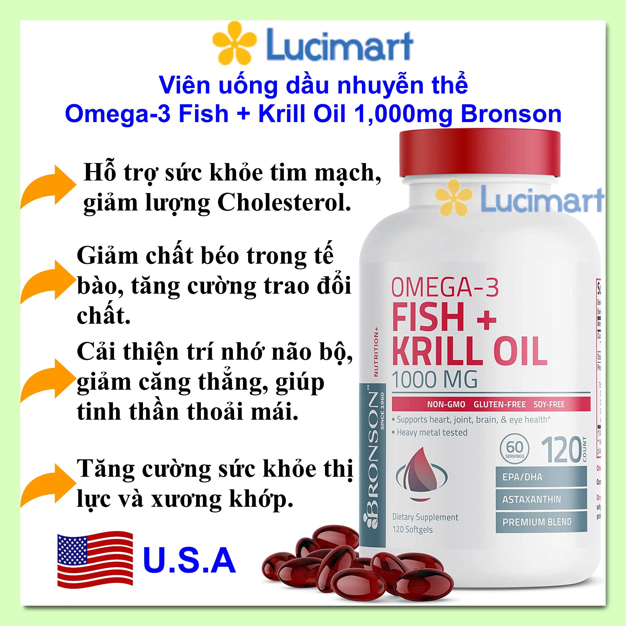 Viên uống dầu nhuyễn thể Omega-3 Fish + Krill Oil 1000mg Bronson [Hàng Mỹ hạn dùng 5-2025]