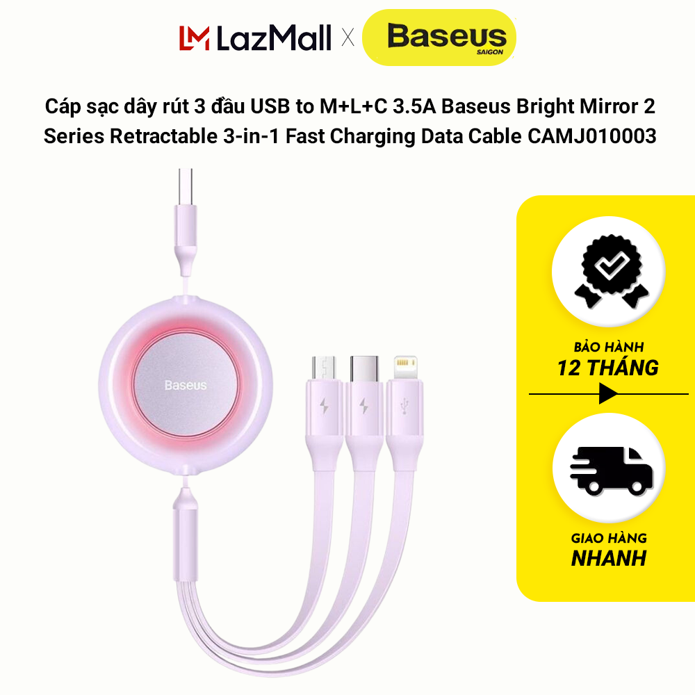 Cáp sạc dây rút 3 đầu USB to M+L+C 3.5A Baseus Bright Mirror 2 Series Retractable 3-in-1 Fast Chargi
