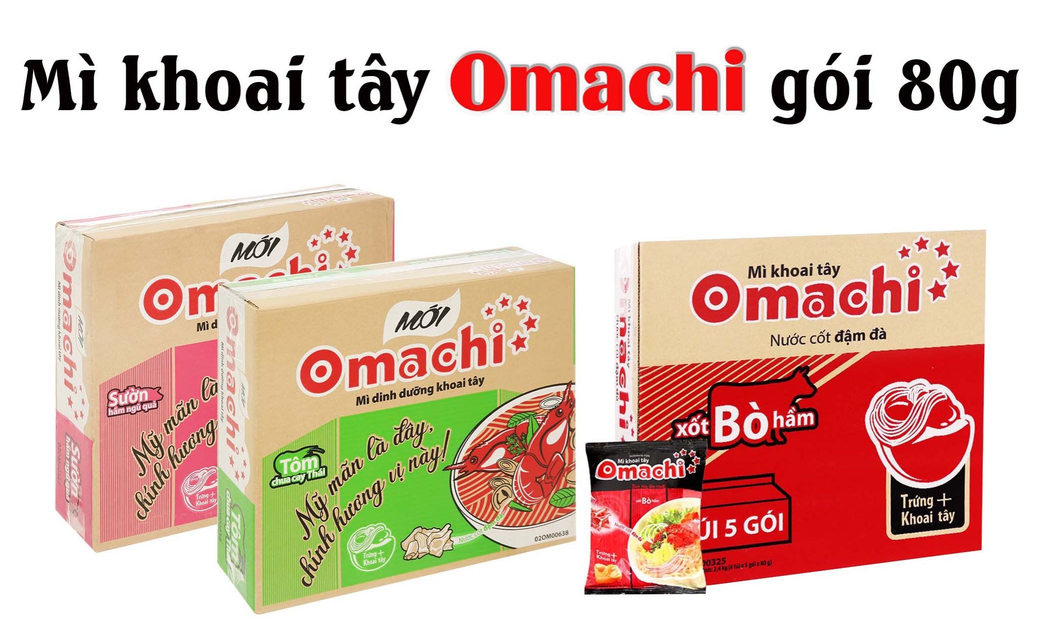 Thùng 30 gói mì khoai tây Omachi 80g - Sườn hầm ngũ quả/ Tôm chua cay/ Xốt bò hầm
