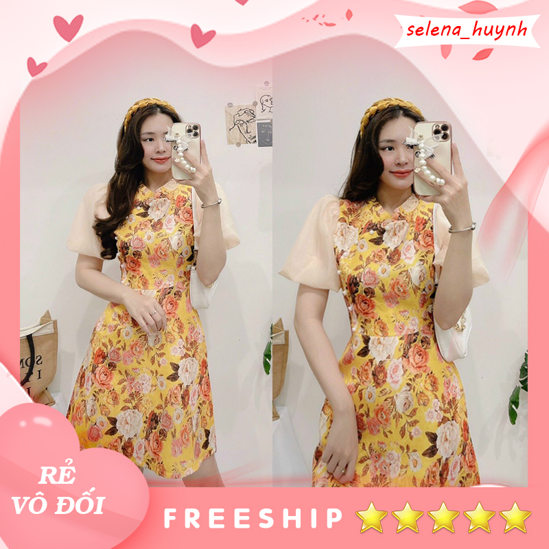 Đầm gấm cổ tàu phối tay voan SELENA