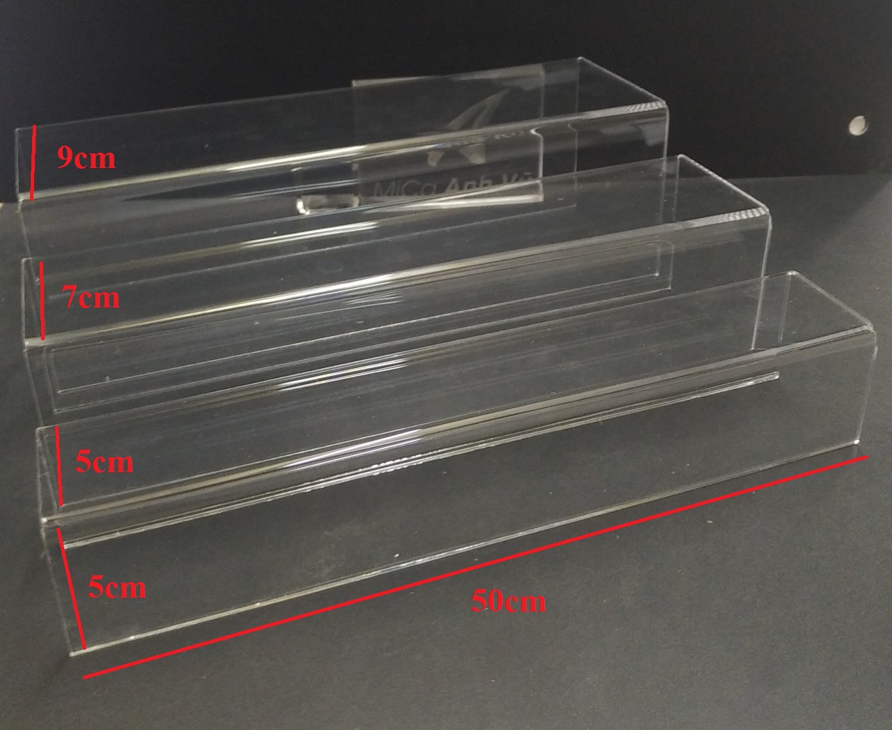 Bộ kệ bậc thang 3 tầng mica trong dạng chữ U lồng nhau dài 50cm