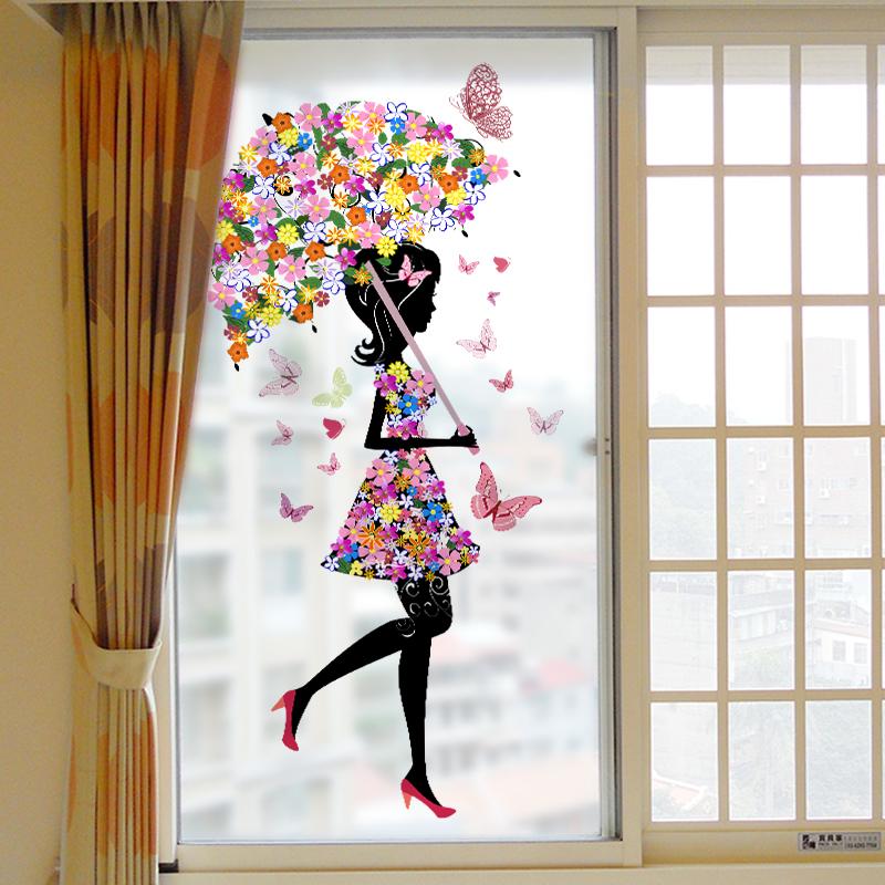Decal dán kính cao cấp - cô gái cây dù hoa -dk1080