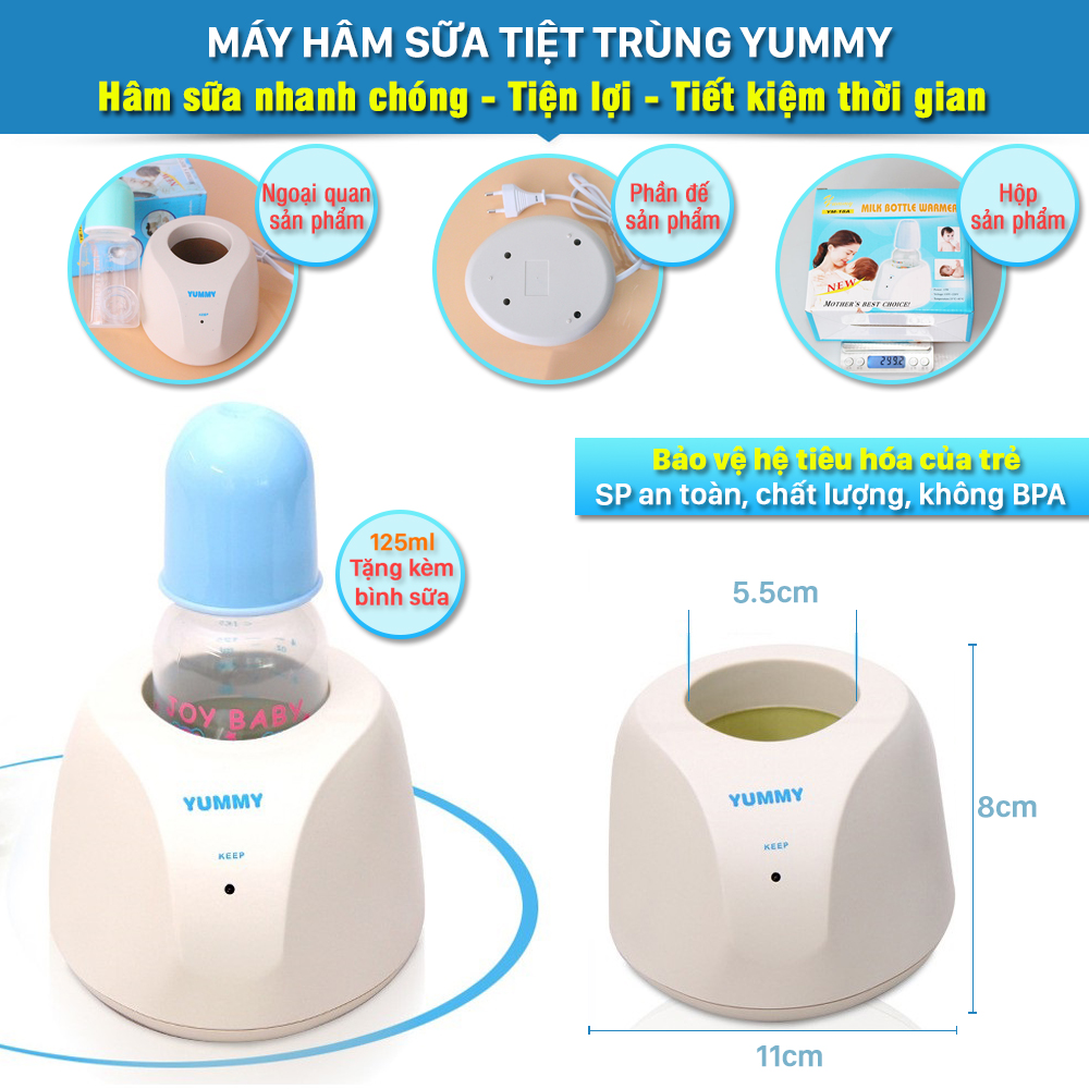 Máy ủ sữa, giúp hâm ủ sữa, tiệt trùng, máy hâm sữa, giữ sữa ở nhiệt độ ổn định 35°c -40°c. Máy hâm sữa Yummy tặng kèm một bình sữa 125ml có trang bị núm vú silicone phù hợp để hâm và giữ nóng sữa.