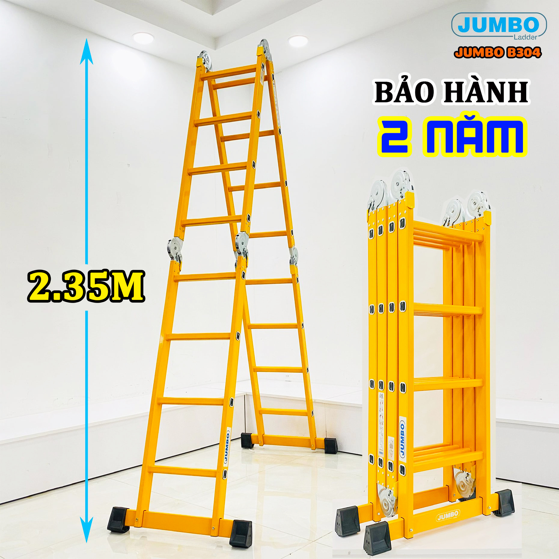 Thang nhôm gấp 4 đoạn Jumbo B304 Chữ A 2.3M - duỗi thẳng:4.7M ( BẢO HÀNH 2 NĂM)