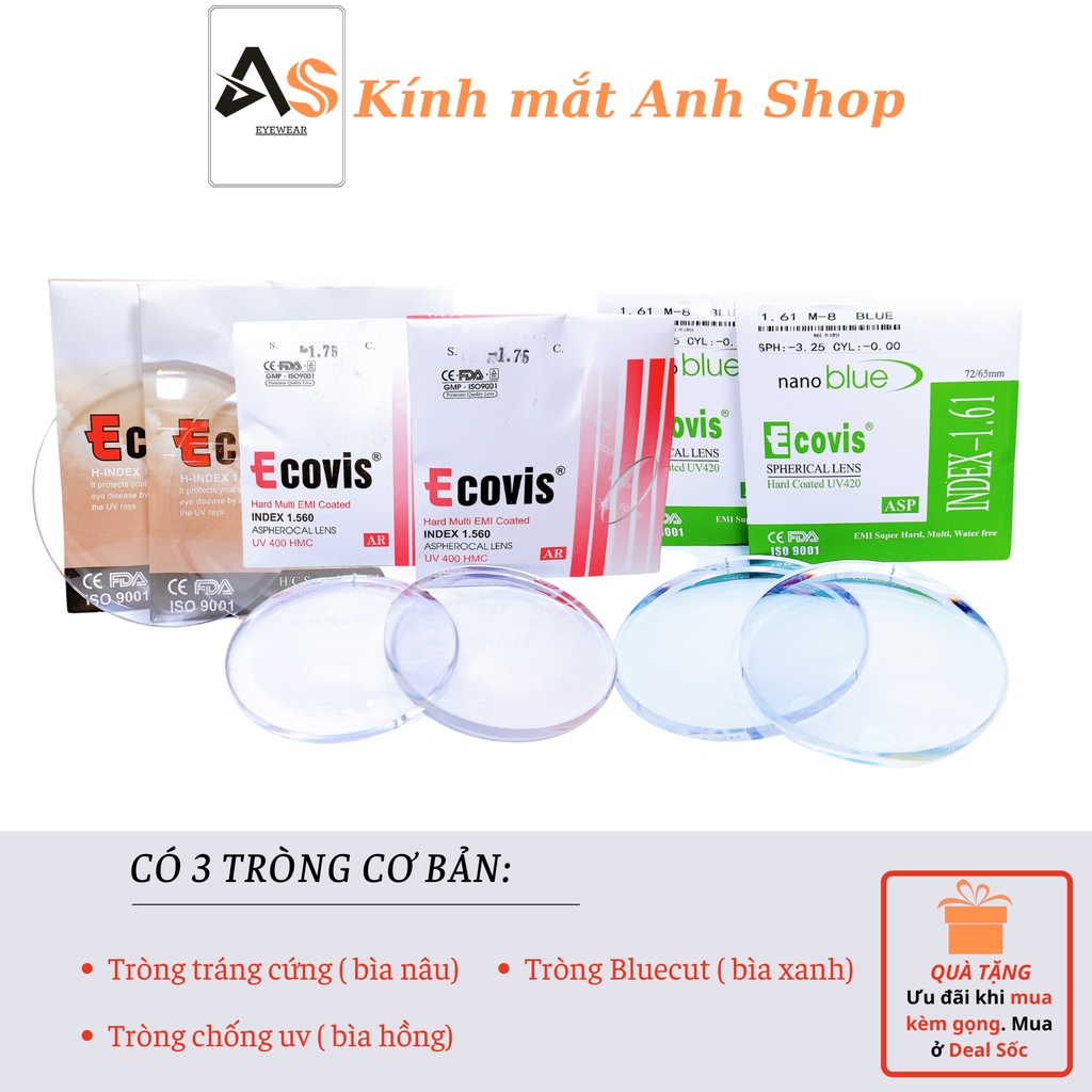 Tròng kính cận viễn loạn Ecovis tròng kính tráng cứng, chống tia uv, chống ánh sáng xanh bảo vệ mắt