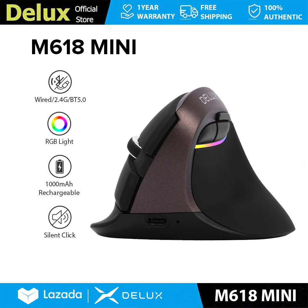 Delux M618 MINI Chuột dọc có dây & không dây Tiện dụng MAX 4000 dpi 2.4G Bluetooth 6 nút có đèn RGB Nhấp chuột im lặng Bàn tay nhỏ quang học cho PC/Laptop/Windows/Mac Golden