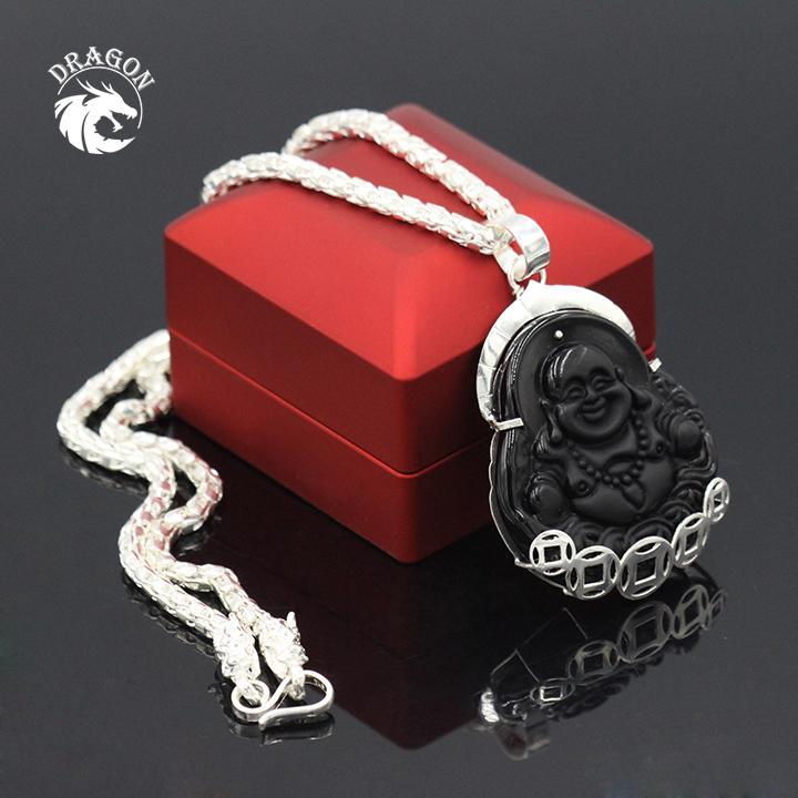 Dây Chuyền Đẹp, Dây Chuyền Nam, Dây Chuyền Bạc Nam, Dây Chuyền Mặt Phật Di Lặc Đen ( Dây chuyền đầu rồng - mặt Di Lạc đá đen )