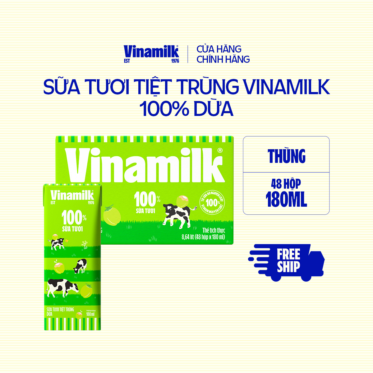 Thùng 48 Hộp Sữa vị Dừa Vinamilk 100% - Thùng 48 hộp 180ml
