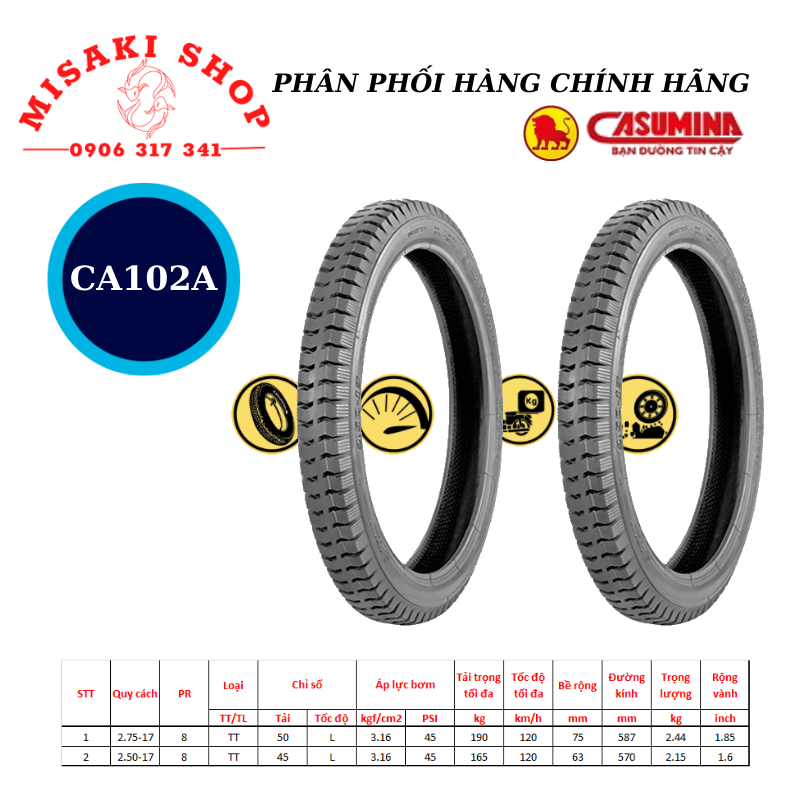 Vỏ lốp xe máy gai tải phổ thông ca102a | wave/dream/blade/sirus/taurus | casumina chính hãng