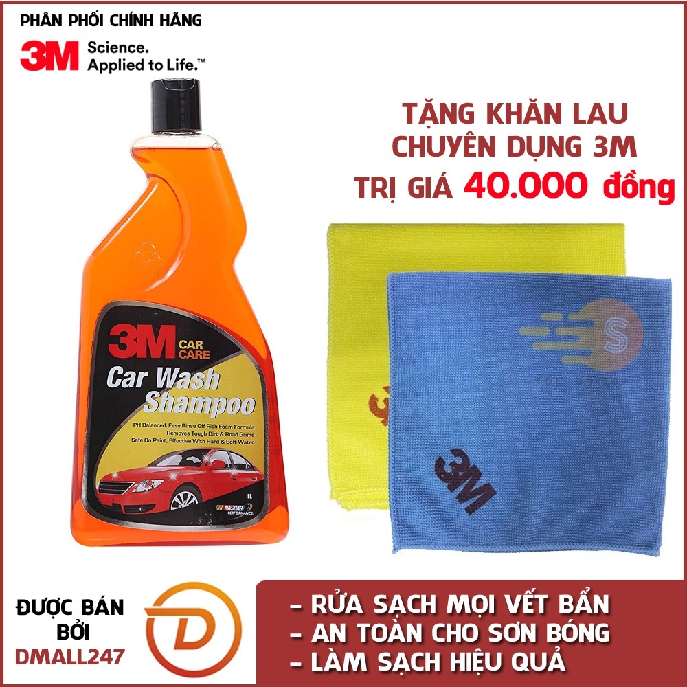 Nước xà bông rửa xe đậm đặc 3M 3M-RX1L (1lít) tặng khăn lau ô tô chuyên dụng 3M màu ngẫu nhiên  - Dmall247, khăn lau xe, chăm sóc bảo dưỡng xe