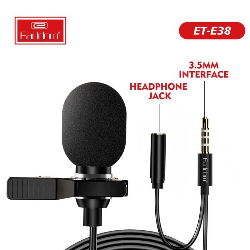 Mic thu âm micro ghi âm cho điện thoại chân 3.5mm kèm jack cắm tai nghe earldom e38 livestream học trực tuyến