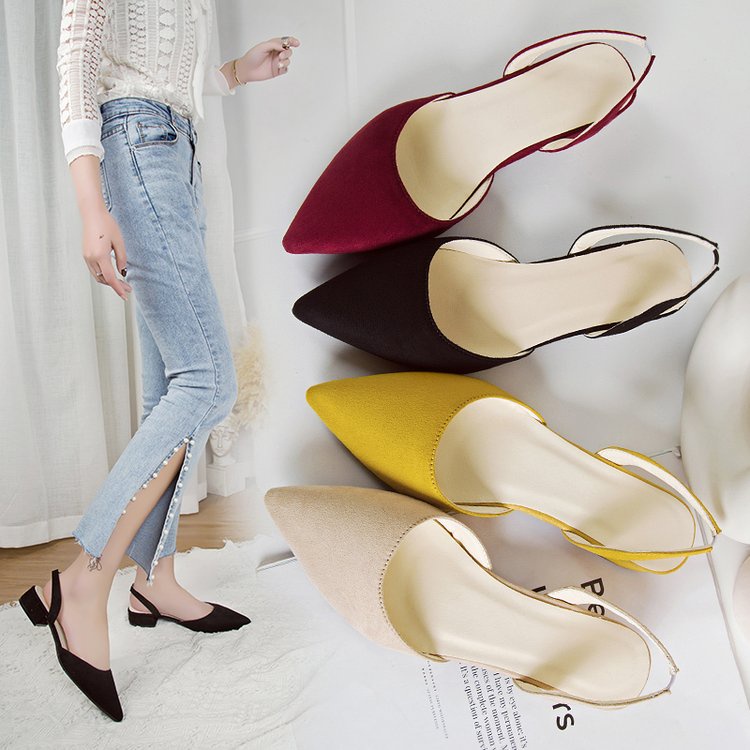 Giày sandal sục gót thấp mũi nhọn chất da lộn linkshoesi 2 màu đen kem mã TT56