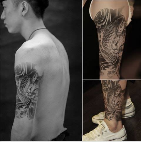 Hình dán mẫu cá chép đen may mắn mạnh mẽ HB090 - miếng dán hình xăm tatoo đẹp dành cho nam nữ, kích thước 15x21cm (size bắp tay, chân, đùi) CC01