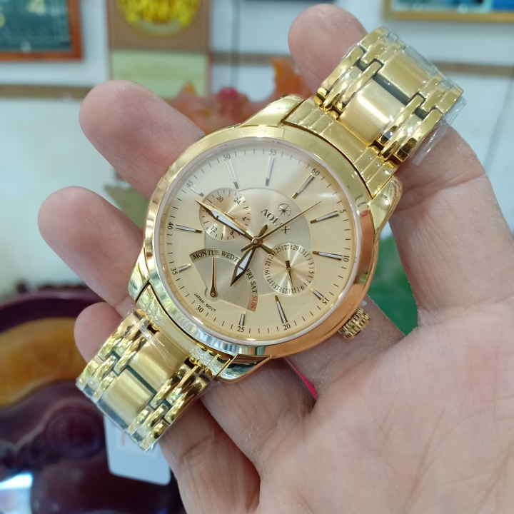 Đồng hồ nam AOLIX AL7061G chạy 6 kim dây vàng mặt vàng, dáng thể thao, kính sapphire chống xước, chống nước tốt.