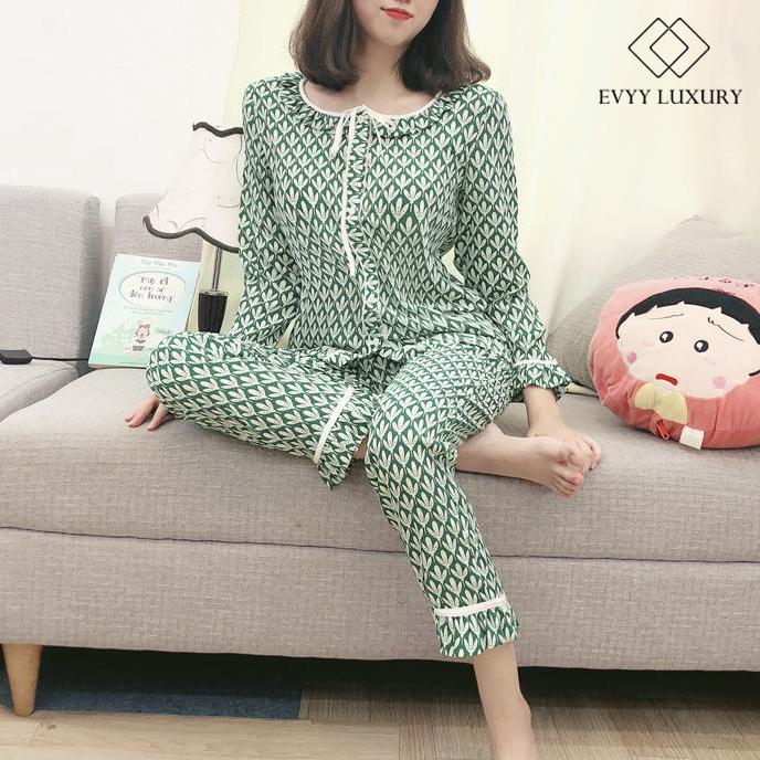 Bộ đồ mặc nhà, bộ ngủ nữ, đồ ngủ nữ, bộ ngủ dài Evyy Luxury cổ bèo thắt dây nơ