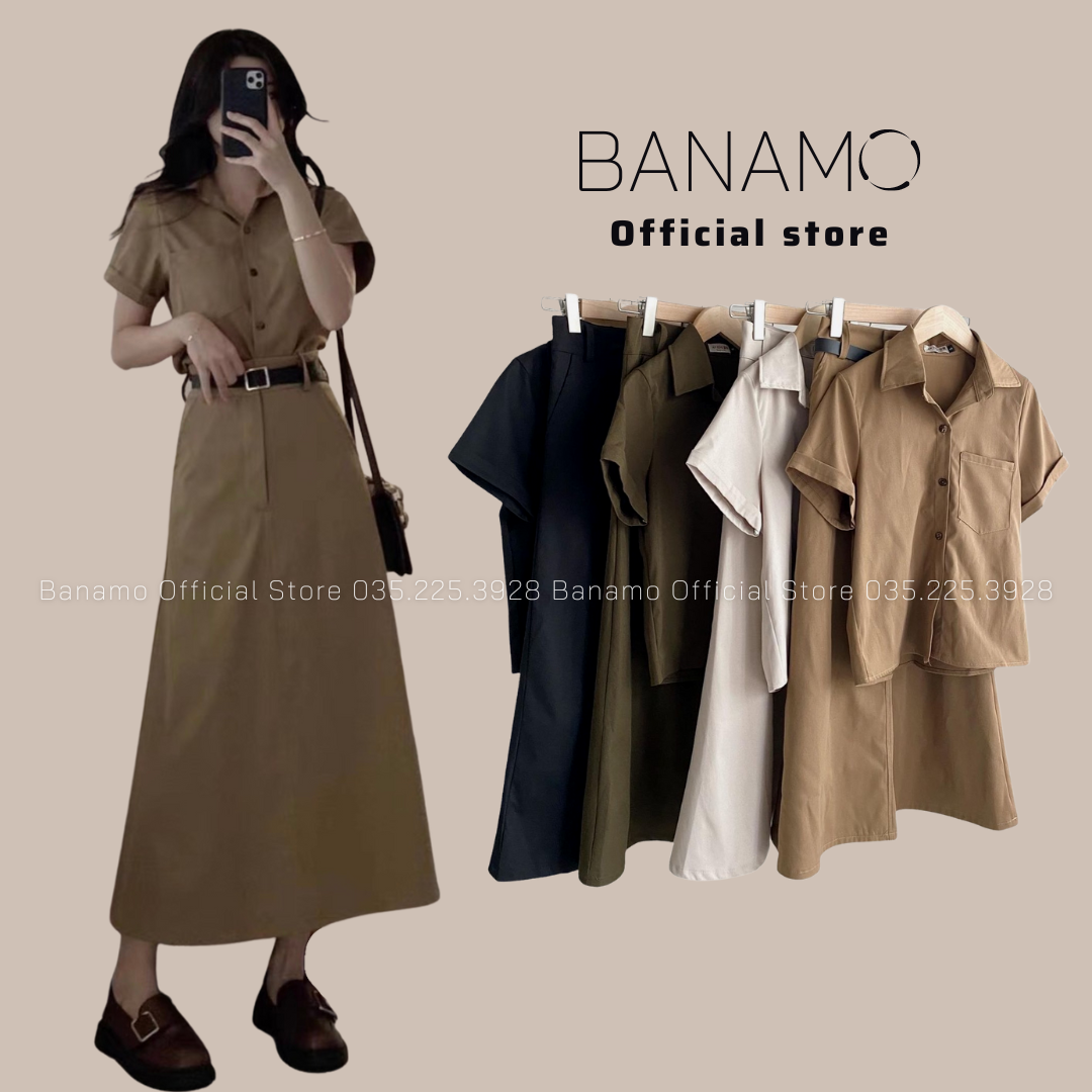 Sét nữ 3 món Banamo Fashion bộ kaki áo kèm chân váy midi và đai lưng 185