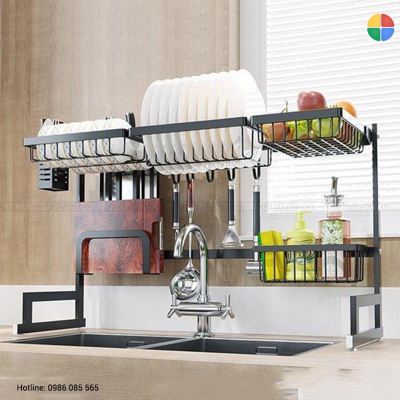 Kệ để chén bát đa năng thông minh dài 85cm , giá để đồ chén đĩa trên bồn rửa bát thép carbon sơn đen cao cấp