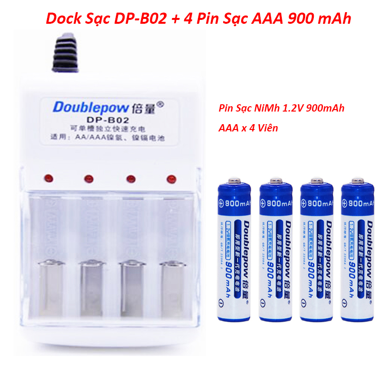 Combo sạc DP-B02 và 4 pin sạc AAA Doublepow 900mAh Cam Kết Dung Lượng Thật