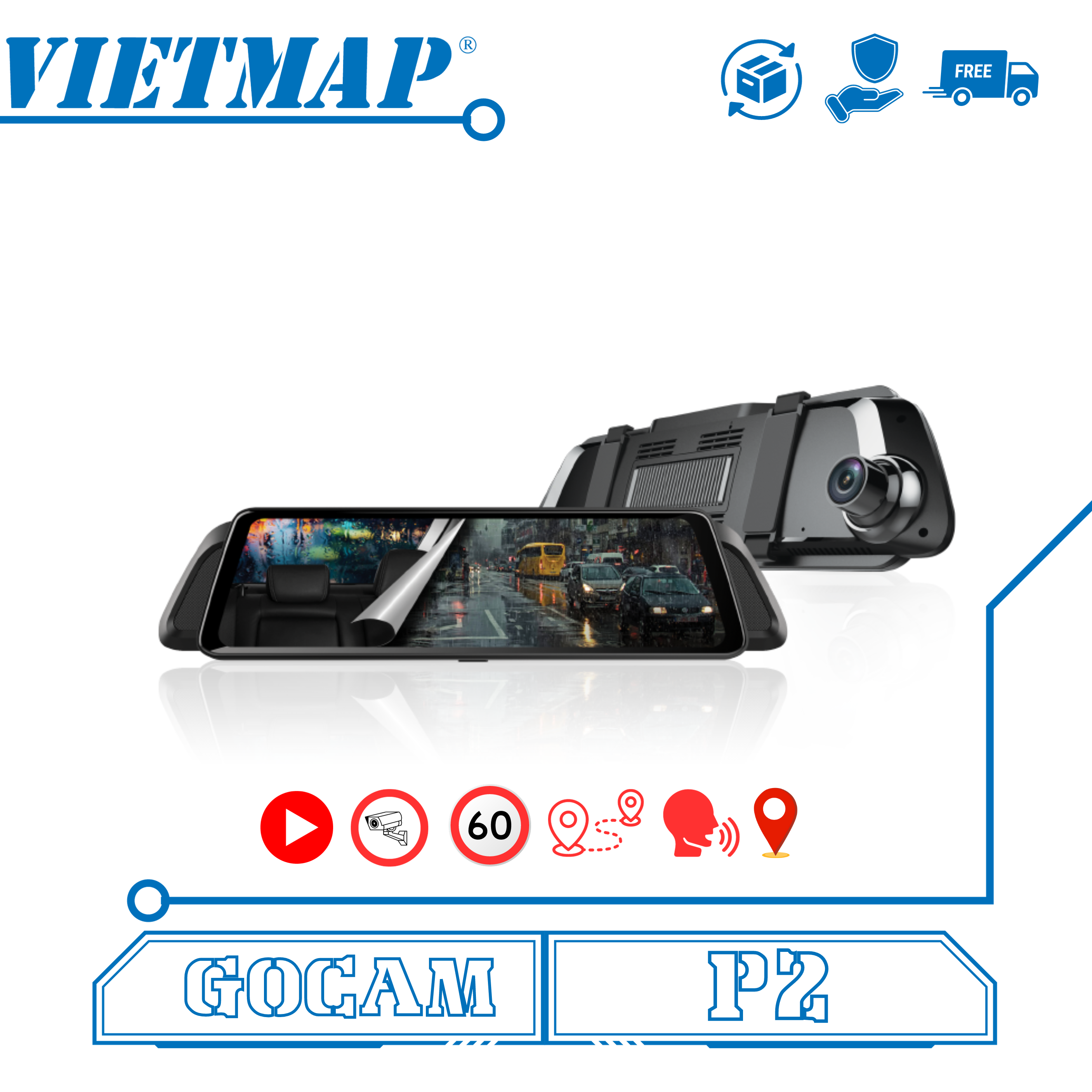 CAMERA HÀNH TRÌNH VIETMAP P2, CẢNH BÁO TỐC ĐỘ, GIAO THÔNG, GHI HÌNH TRƯỚC SAU, THEO DÕI TỪ XA