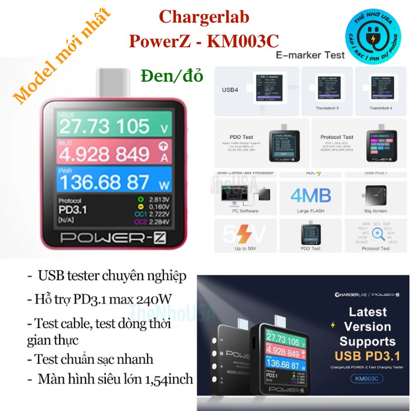 Thiết bị đo điện type C - USB tester Chargerlab Power Z KM003C PD3.1 Max 240W Model 2022