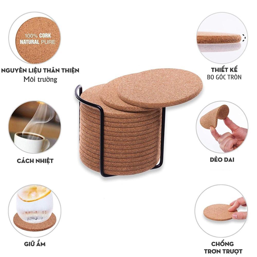 Bộ lót ly 16 đế lót cốc  tròn thấm hút nước bằng gỗ xốp thân thiện môi trường KAVISOTA