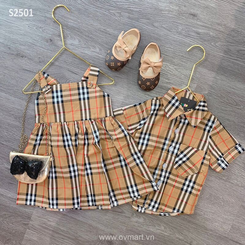 Set đôi áo + váy kẻ nâu br cho bé