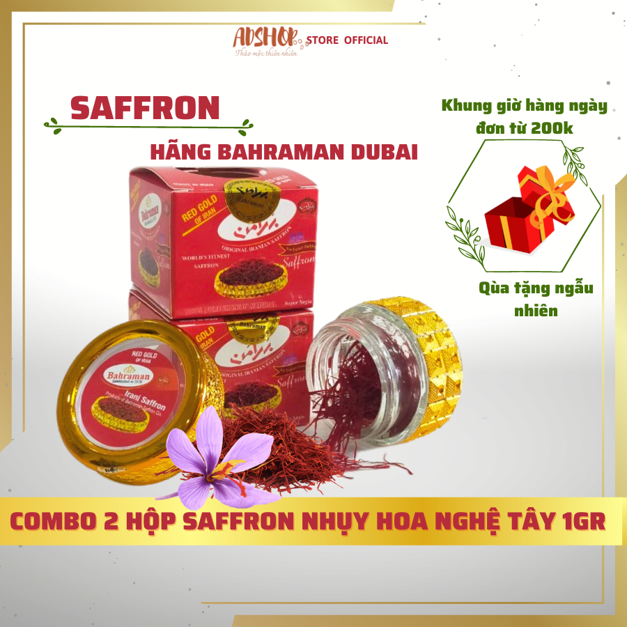 Combo 2 hộp nhụy hoa nghệ tây saffron,hoa nghệ tây hãng Bahraman Dubai dòng Supper Negin hộp 1gr + quà tặng