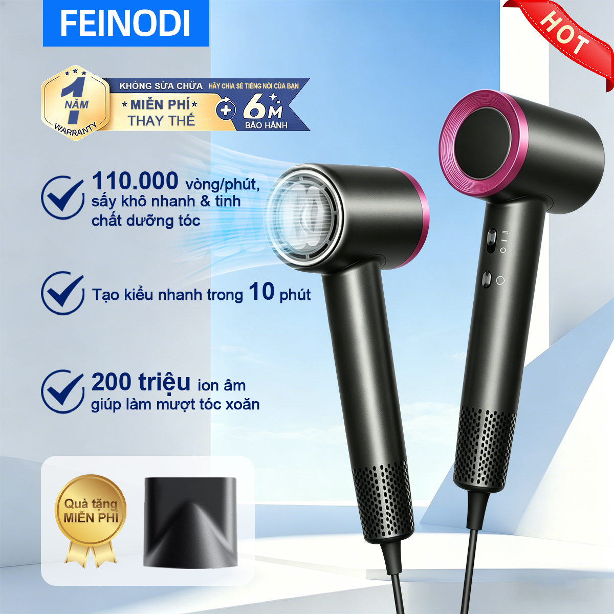 High-Speed Hair Dryer with 110,000 Rpm Brushless Motor, Negative Ion Hair Care, Stable Temperature, Fast Drying, Low Noise, 360 Magnetic Nozzle ° , 4 Heat Settings Help Prevent Hair Damage.