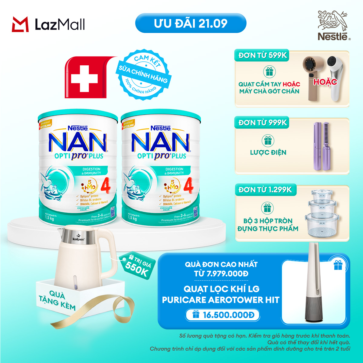 [Tặng ấm Kalpen] Combo 2 lon Sữa bột Nestlé NAN OPTIPRO PLUS 4 1500g/lon với 5HMO Giúp tiêu hóa tốt
