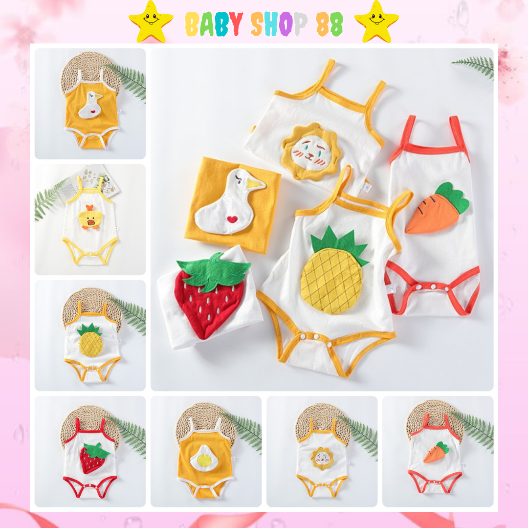 Bộ body chip bodysuit 2 dây in hình đông vật trái cây cho bé trai bé gái