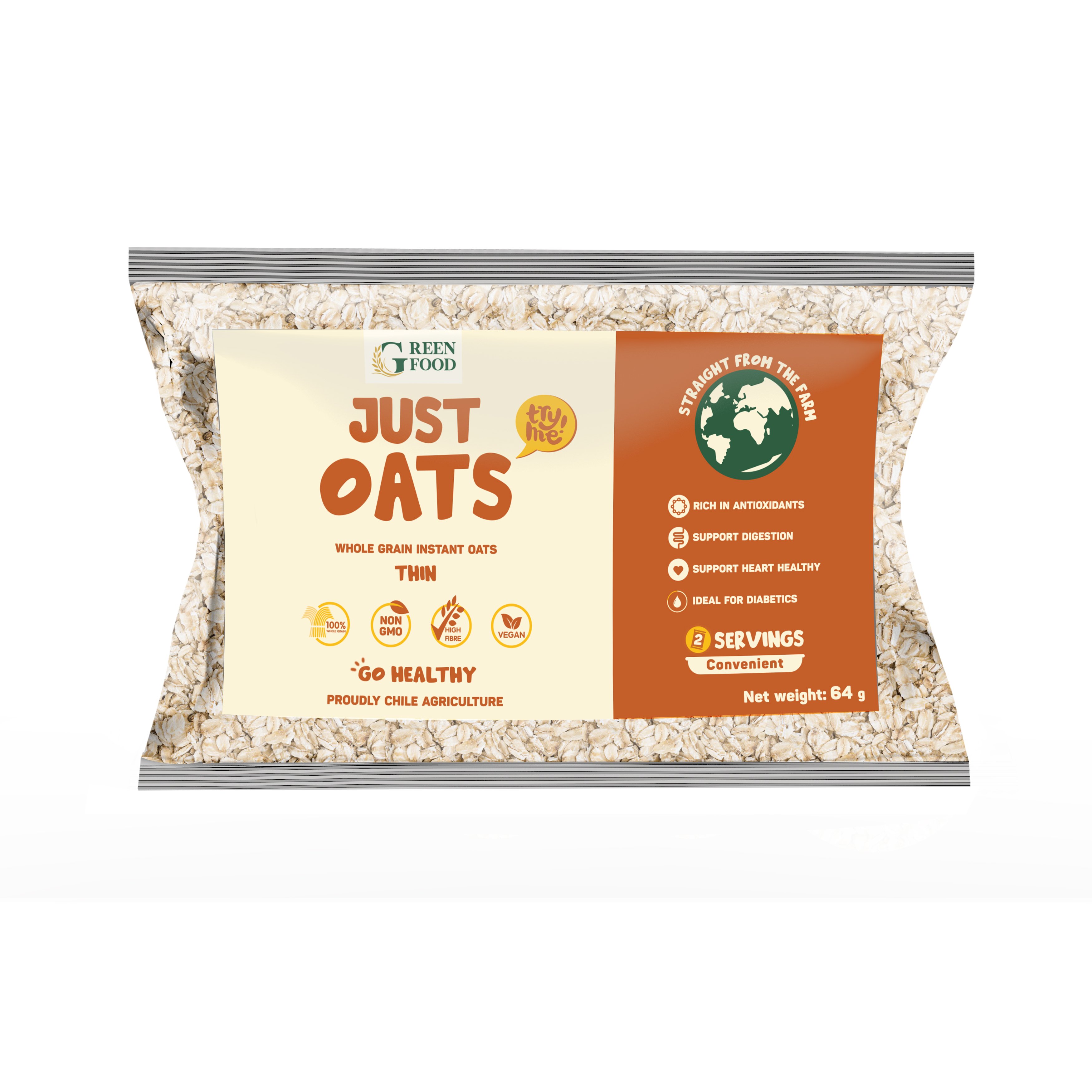 [ PHIÊN BẢN DÙNG THỬ ] Yến Mạch Chile JUST OATS Green Food nguyên chất ăn liền cán dày 64g