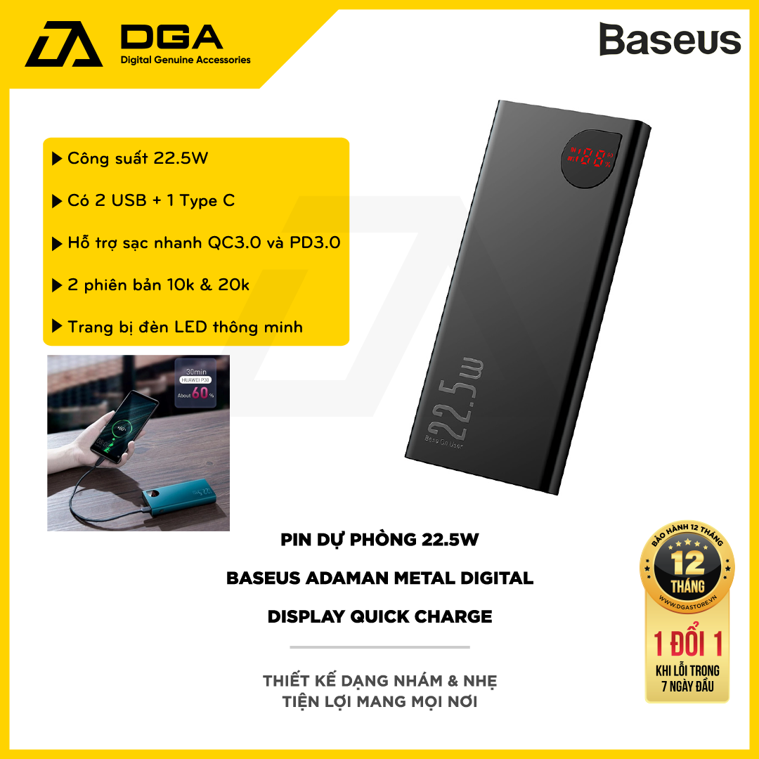Pin dự phòng 20000mAh 22.5W Baseus Adaman Metal Digital Display Quick Charge Power Bank sạc nhanh