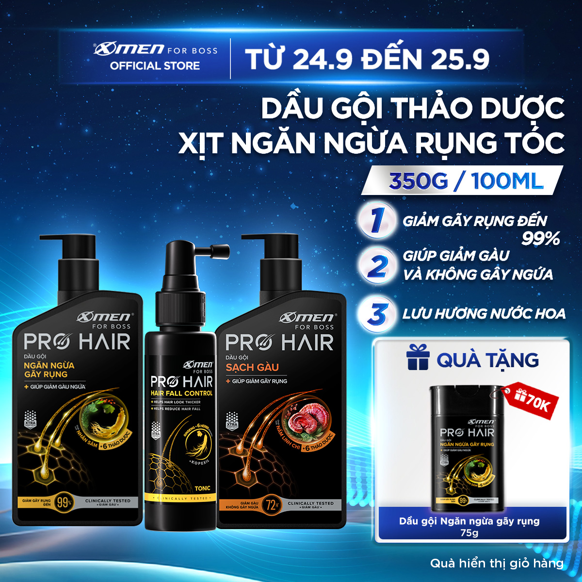 Combo 2 Dầu gội thảo dược Xmen for Boss Pro Hair Ngăn gãy rụng tóc 350g/Sạch Gàu 350g