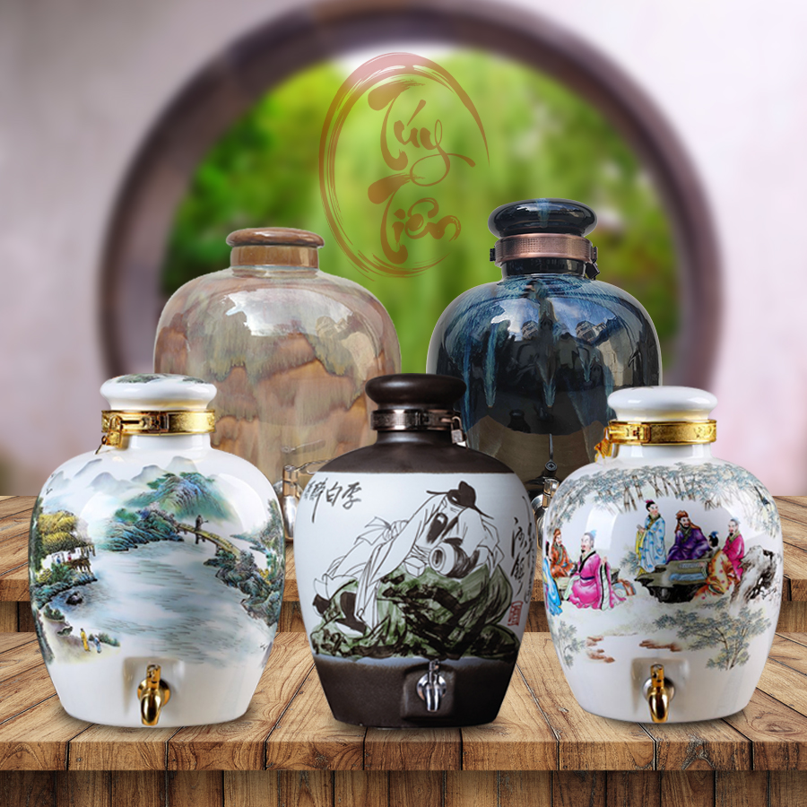 [HCM] Bình gốm đựng rượu 5L 10L bình ngâm rượu bình rượu gốm sứ có vòi độc đáo tặng hộp nhung  tặng gáo múc rượu hoặc vòi nhựa