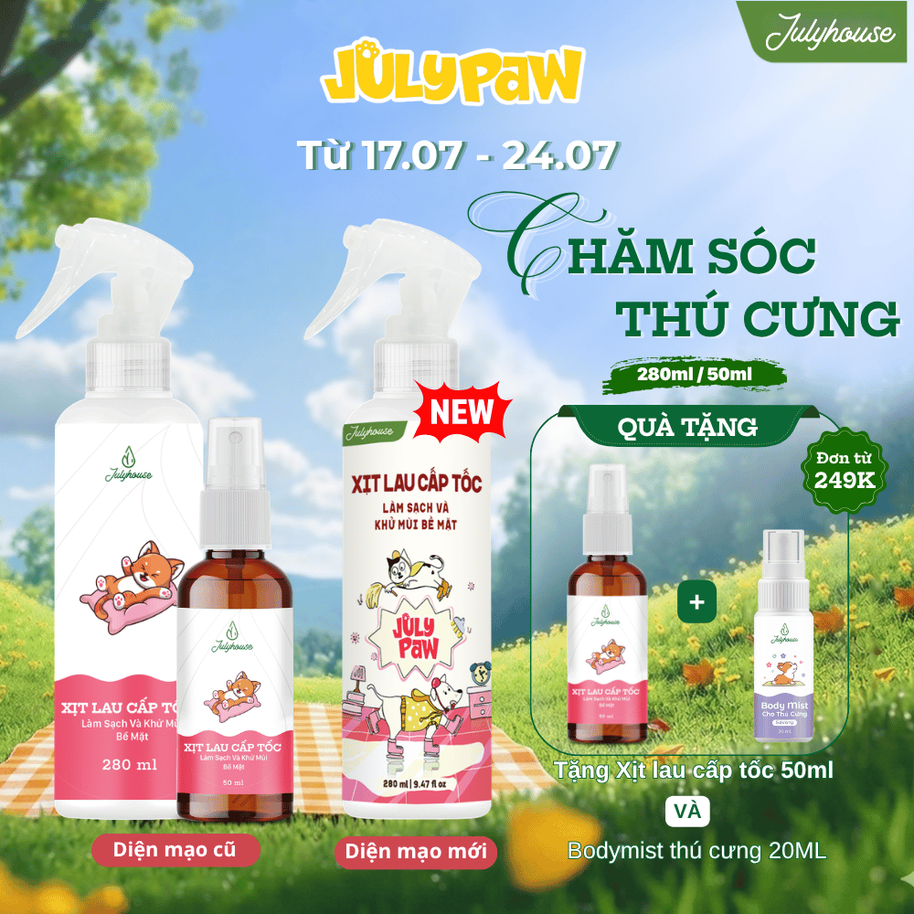 Nước lau sàn cấp tốc dạng xịt khử khuẩn khử mùi chó mèo 280ml JULYHOUSE kết hợp tinh dầu Oải Hương,Khuynh Diệp, Sả Chanh