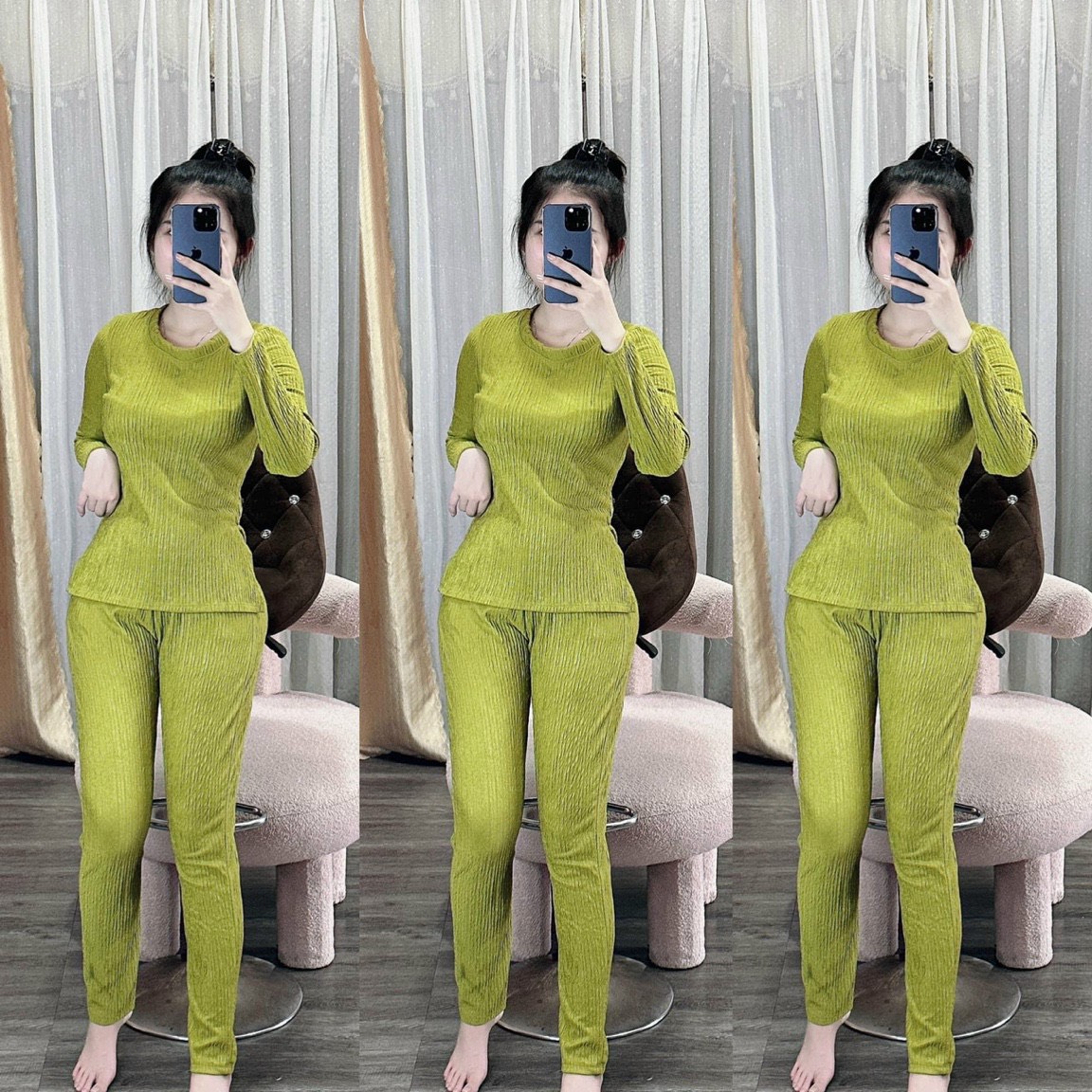 Set Bộ Xốp Thái Áo Tay Dài Cổ Tròn Xẻ Tà Kèm Quần Dài , Họa Tiết Basic , 4 Màu Đen Đỏ Xanh Lá Nude
