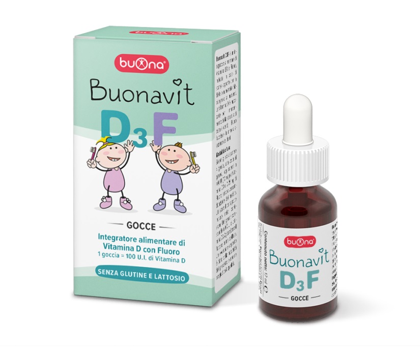 Buonavit D3F ( Lọ 12ml)–  chứa Vitamin D3 (Cholecalciferol) và Flo (Natri monofluoro phosphat).kèm đ