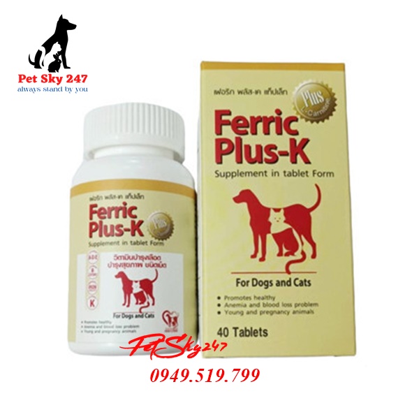 Thức Phẩm Vitamin Bổ Máu Ferric Plus-K Cho Chó Mèo Hộp 40v