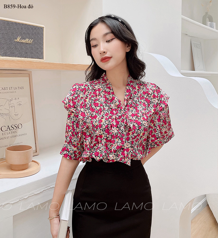 Áo sơ mi công sở áo kiểu bèo vai cột nơ-b859