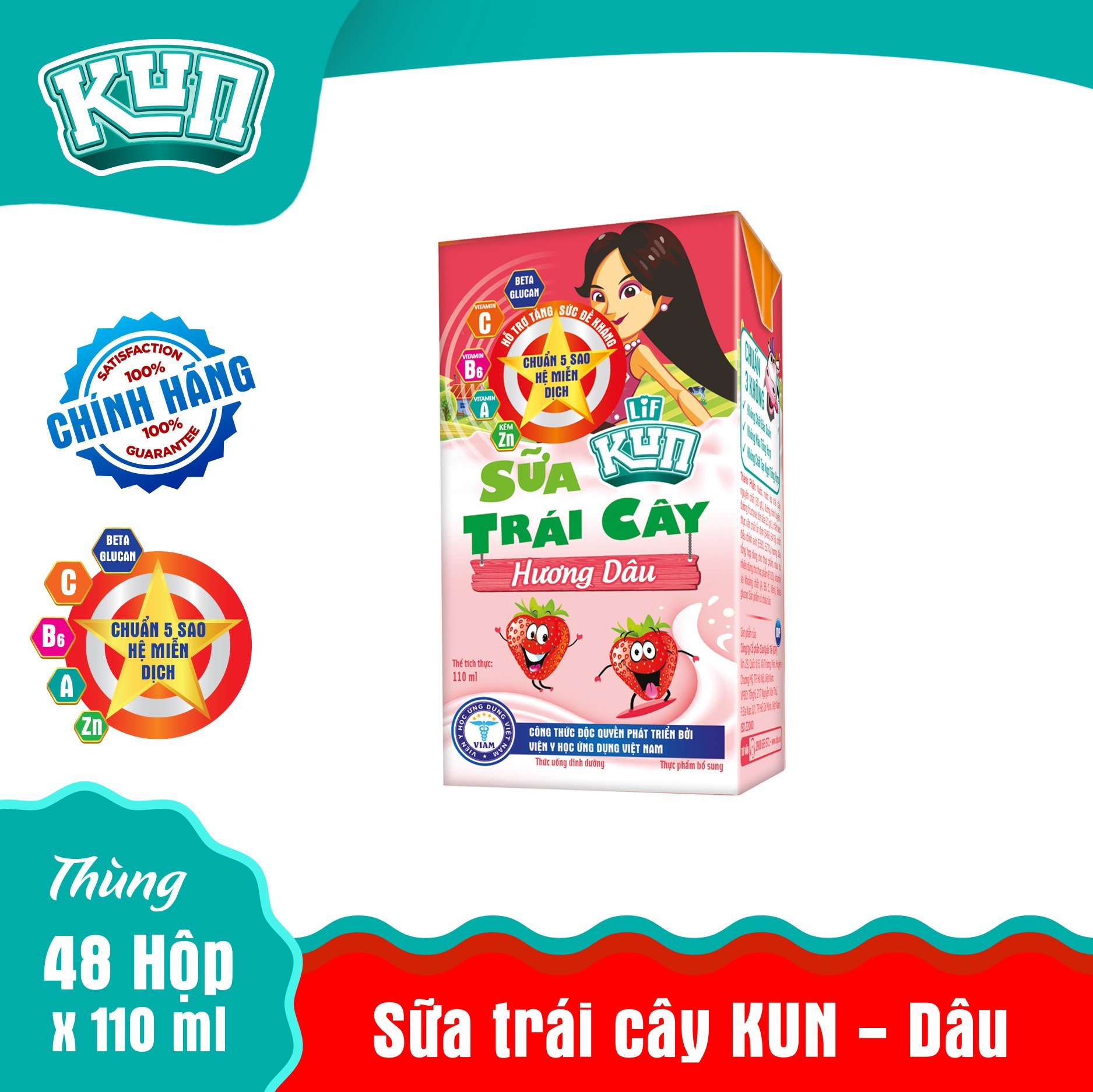 Thùng 48 hộp 110ml sữa trái cây kun dâu