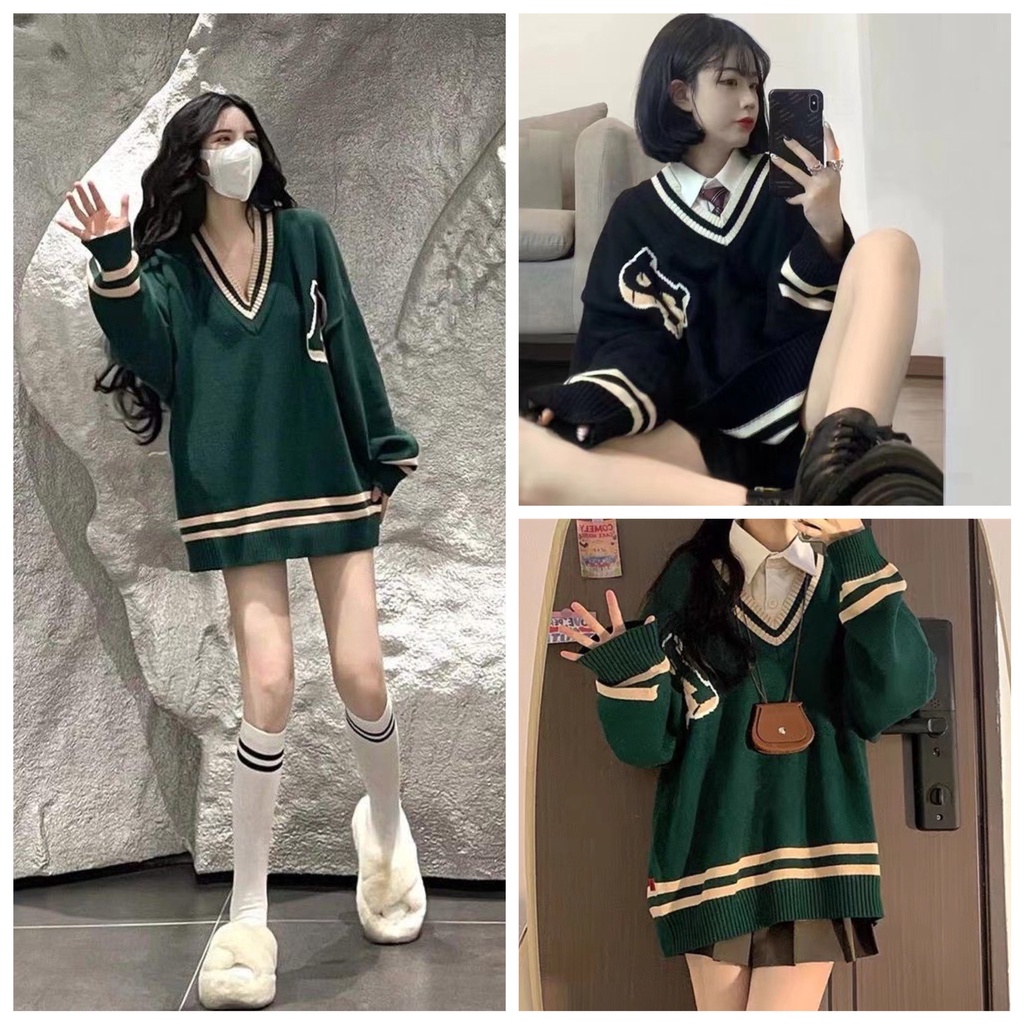 Áo nỉ nữ cổ v phối viền chữ r, áo sweater hàn quốc phong cách